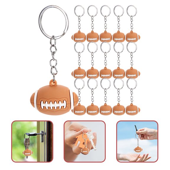 ETHZZLE 16Pcs Rugby Sports Keychain Pendant Brown Metal Key Rings for Bags and Keys