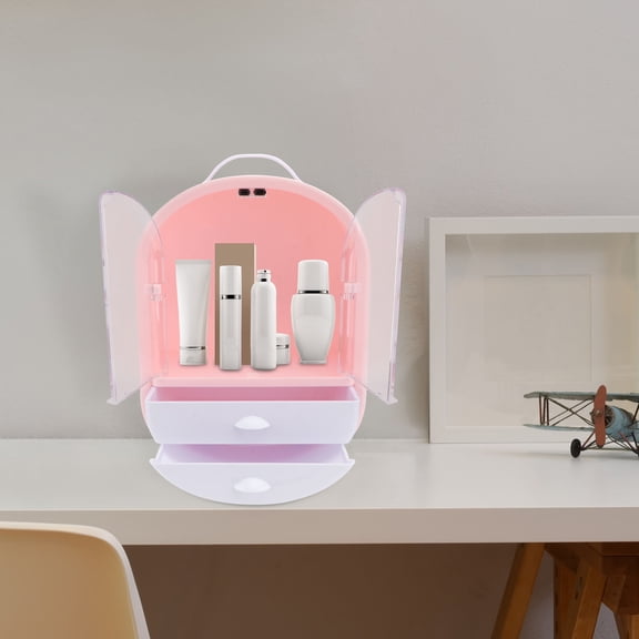 ETHZZLE 1Pc Pink Desktop Cosmetics Storage Container with Double Door and Sturdy Design