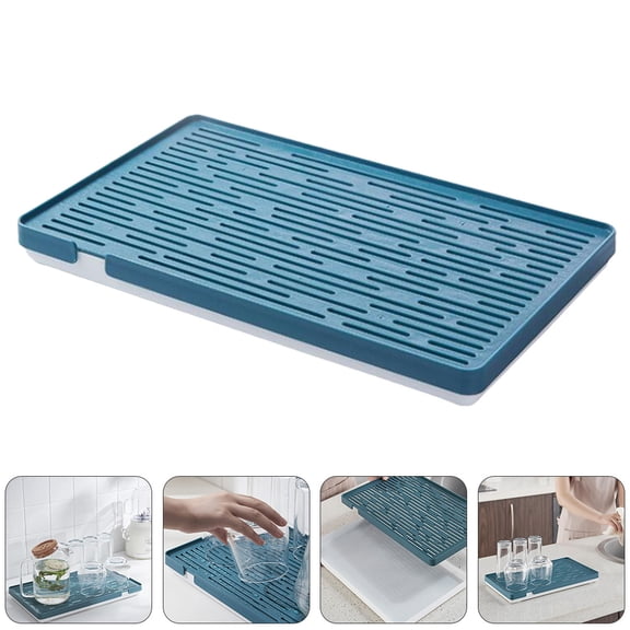 ETHZZLE 1Pc Blue Plastic Double Layer Kitchen Drain Tray with Detachable Storage for Cups and Tableware