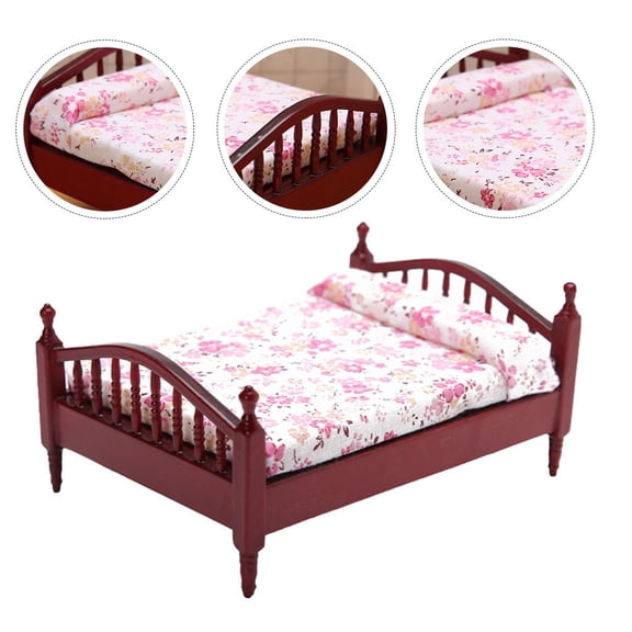 ETHZZLE Furniture Miniature Figure Mini Double Bed Brown Plastic 1Set
