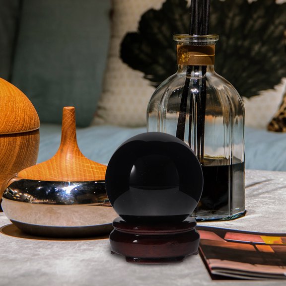 ETHZZLE 1Set Black Crystal Sphere with Wood Stand Unique Obsidian Orb for Tabletop Display