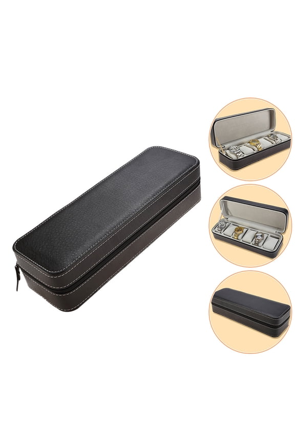 Stylish Black Portable Watch Case with Zipper and Six Slots for Storage