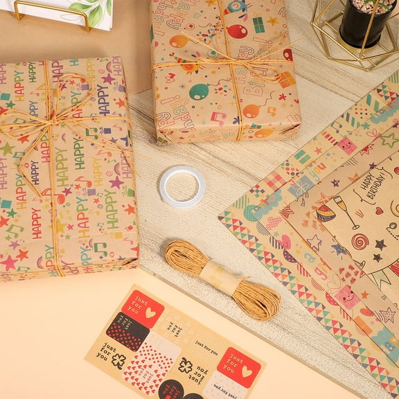 ETHZZLE 1Set Multi Patterned Wrapping Paper Kit Including Stickers for Present Decoration and Festival Use