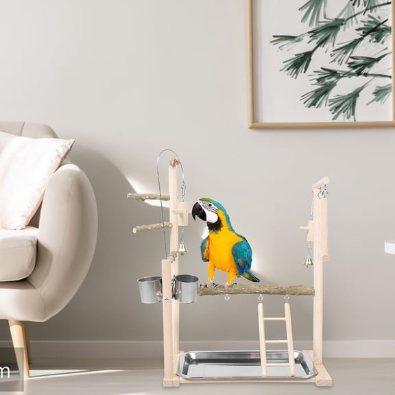 ETHZZLE Wooden Bird Stand Set with Ladder Beige Parrot Playground for Pet Entertainment and Brain Development