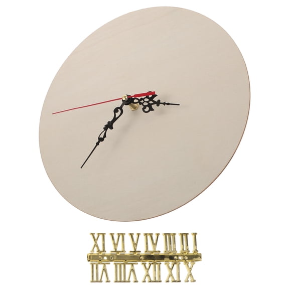 ETHZZLE 1Set Wooden Clock Face Blank Round Dial with Plated Gold Roman Numerals for DIY Wall Clock Crafts