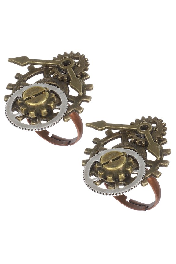 2Pcs Creative Metal Rings with Vintage Clock and Gear Design Durable Golden Alloy