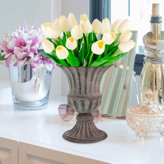 ETHZZLE 2Pcs Dark Grey Iron Urn Planter for Grave Flower Pot and Lawn Decoration Usage