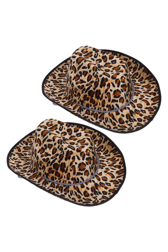 2Pcs Leopard Cowboy Hat with Adjustable Rope Breathable Cloth for Stage Performance Party Decor