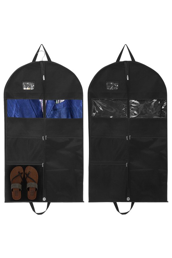 2Pcs Reusable Black Garment Bags for Suit and Dress Storage with Hanging Feature