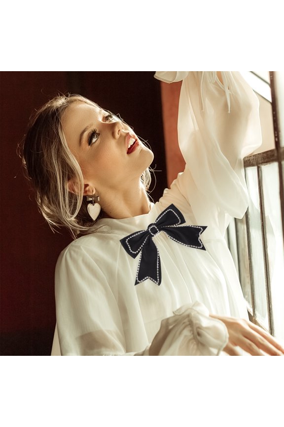 2Pcs Rhinestone Bow Brooch Black Handmade Bow Tie Ornament for Unique Clothes Adorn
