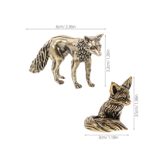 ETHZZLE 2pcs Brass Fox Sculptures: Mini Animal Desk Figurine Vintage Fox Statues Tiny Metal Figurines Collectible Brass Decoration
