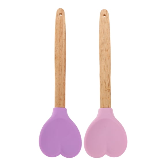 ETHZZLE 2pcs Heart Shaped Spoons: Food Grade Silicone Kitchenware Tools - Valentine'S Day Cookware Spatulas With Wooden Handle For Cream Spreading Baking Mixing