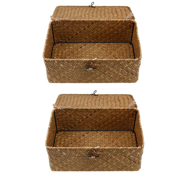 ETHZZLE 2Pcs Seaweed Storage Case Woven Basket with Lid Light Brown for Home Organization