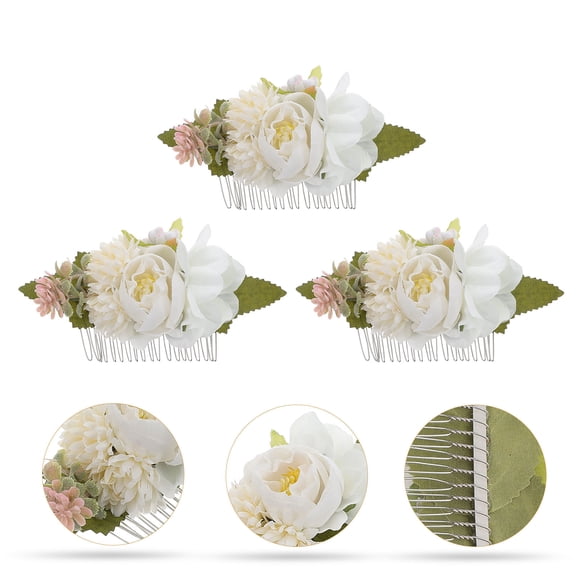 ETHZZLE White Floral Hair Comb Silk Fabric PP Zinc Alloy for Bridal Decoration 3Pcs