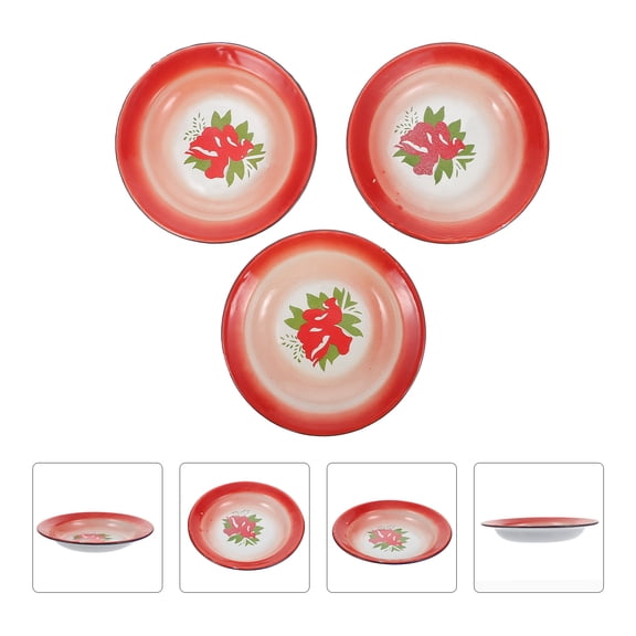 ETHZZLE 3Pcs Red Vintage Enamelware Plates Chinese Style Food Serving Snack Trays for Home