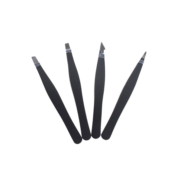 ETHZZLE 4Pcs Eyebrow Tweezers Set Black Stainless Steel Professional Slant Flat Pointed Tips for Eyebrow Grooming