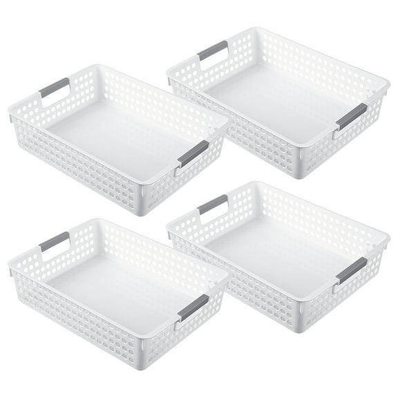 ETHZZLE 4Pcs White Plastic Storage Baskets Stackable Desktop Organizer for Pantry and Office Use