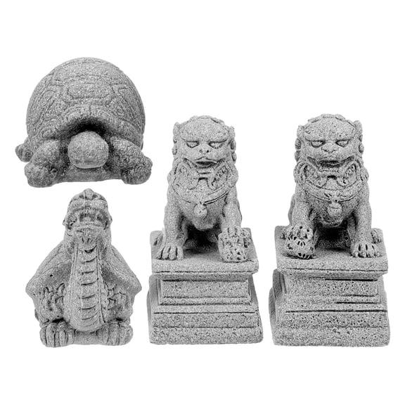 ETHZZLE 4Pcs Grey Chinese Style Lion and Turtle Statues for Bonsai Plant Pot Decoration