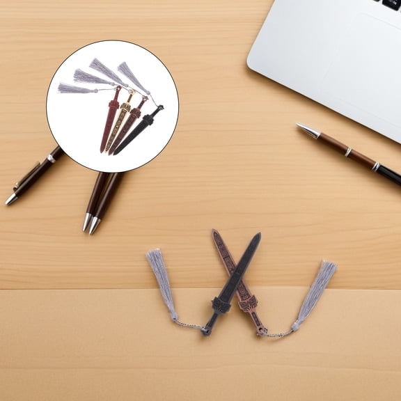 ETHZZLE 4pcs Wooden Sword Bookmark: Asian Inspired Retro Bookmark With Flowing Tassel - Mini Sword Charm Pendant - Book Accessory For Readers Collectors