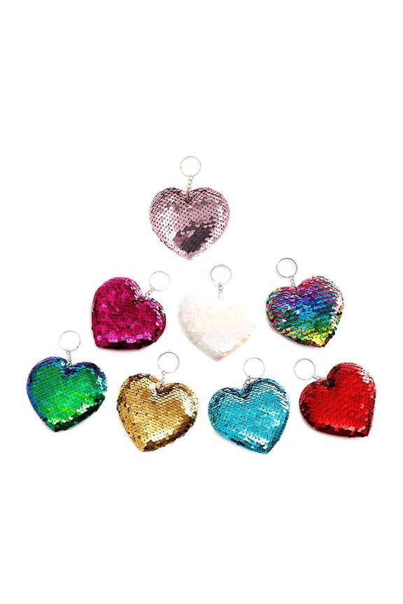 8Pcs Adorable Keychain with Double Side Sequin Heart Pendant Assorted Colors