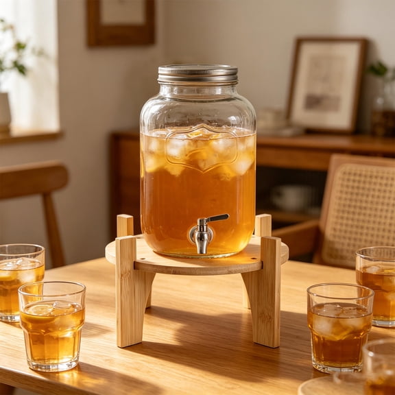 ETHZZLE Bamboo Beverage Dispenser Stand for Glass Pitchers and Water Jugs Stable Non Slip Khaki Base for Home Use