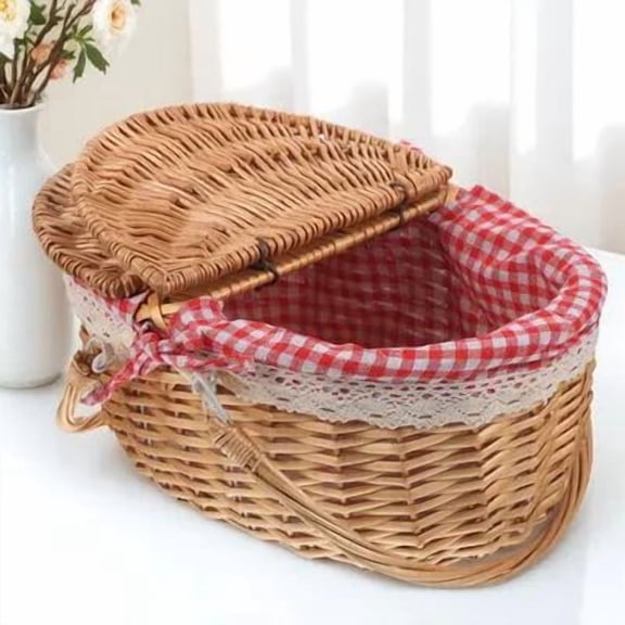 ETHZZLE Rustic Brown Woven Wicker Picnic Basket with Handles, Portable Storage Basket for Outdoor, Travel, and Home Use