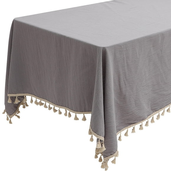 ETHZZLE Light Grey Washable Tablecloth with Fringed Edges Solid Color Hemp Fiber 1 Set