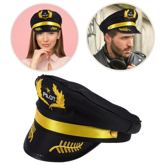 ETHZZLE Black Polyester Pilot Captain Hat with Wide Brim and Fine Embroidery for Stage Performances and Party Decor