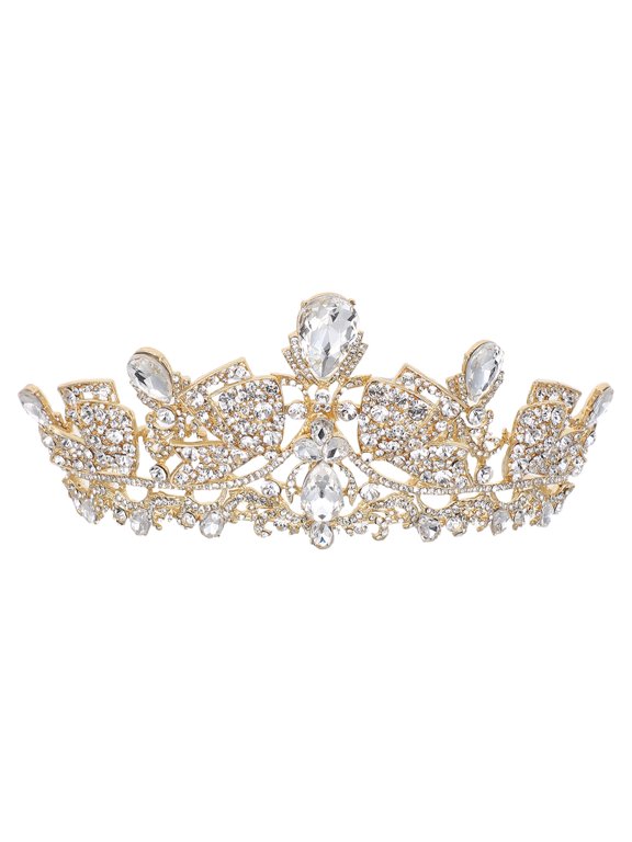 Golden Bridal Tiara Crown with Rhinestone Crystal Wedding Headpiece for Elegant Bride