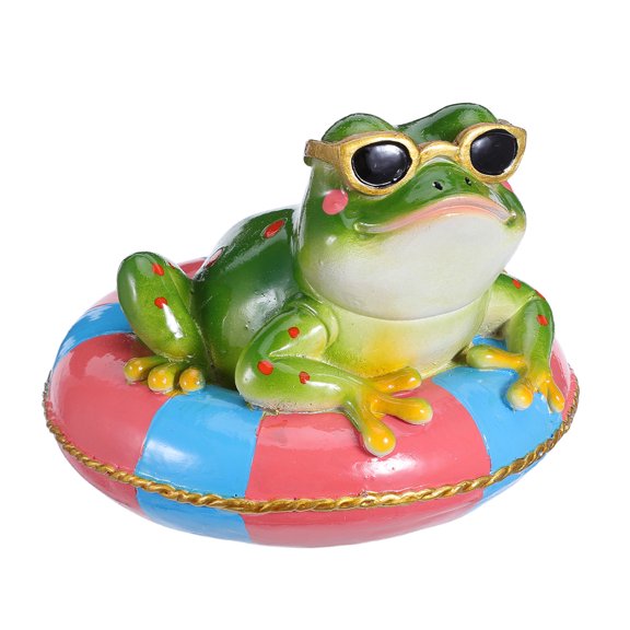 ETHZZLE Floating Resin Frog Fish Tank Ornament on Swim Ring for Patio Pond and Aquarium Decor
