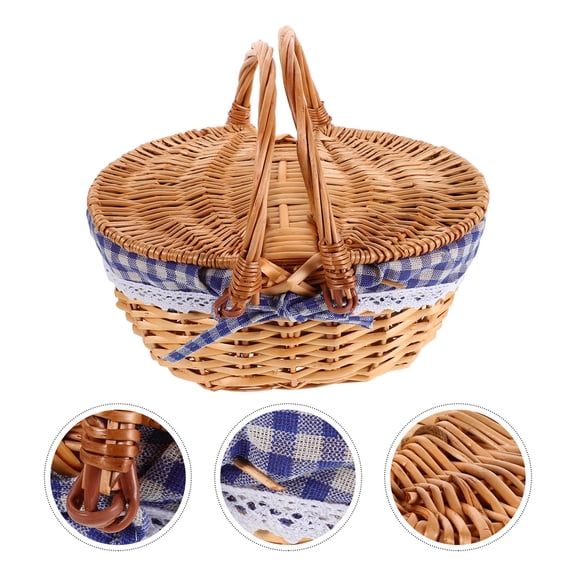 ETHZZLE Farmhouse Style Wicker Picnic Basket with Gingham Lining for Outdoor Storage