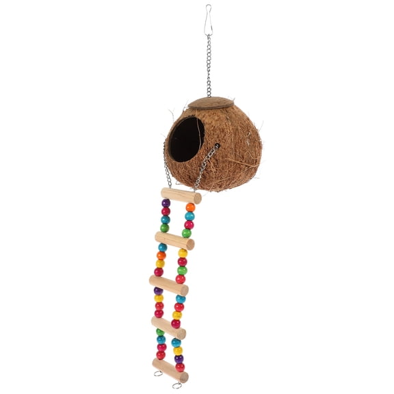 ETHZZLE Hanging Reptile Nest with Ladder Crafted Coconut Shell Light Brown Resting Hideout