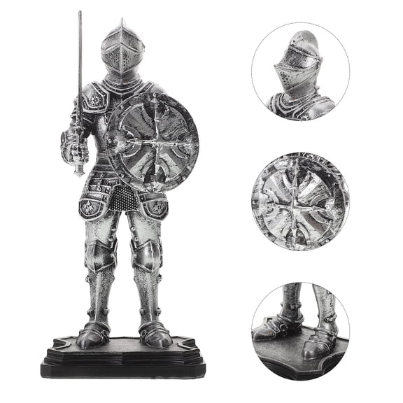 ETHZZLE Meticulously Crafted Plated Silver Resin Medieval Knight Figurine Vintage Style Sculpture for Decor