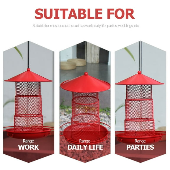 ETHZZLE Three Layer Red Metal Hanging Bird Feeder for Outside Use with Spill Proof Cover