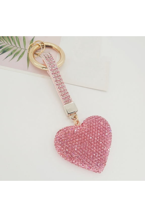Metal Heart Keychain with Rhinestones and Glitter, Decorative Pendant for Valentine's Day
