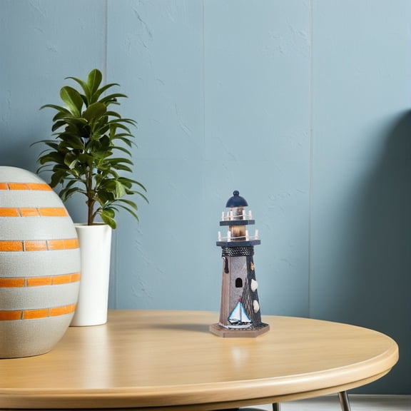 ETHZZLE Handcrafted Wooden Lighthouse Statue with Nautical Nets for Coastal Home Or Garden Decor
