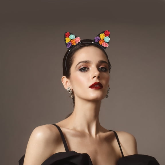 ETHZZLE Decorative Cat Ear Hairband with Multi Rose Flowers for Party and Cosplay Wear