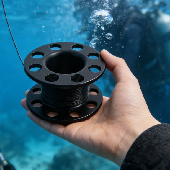 ETHZZLE Lightweight Black Dive Reel with Pom Cord for Deep Water and Cave Diving