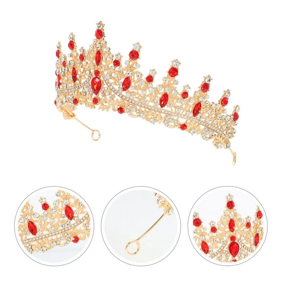 ETHZZLE Elegant Red Baroque Crown Tiara Zinc Alloy Rhinestone for Special Occasions