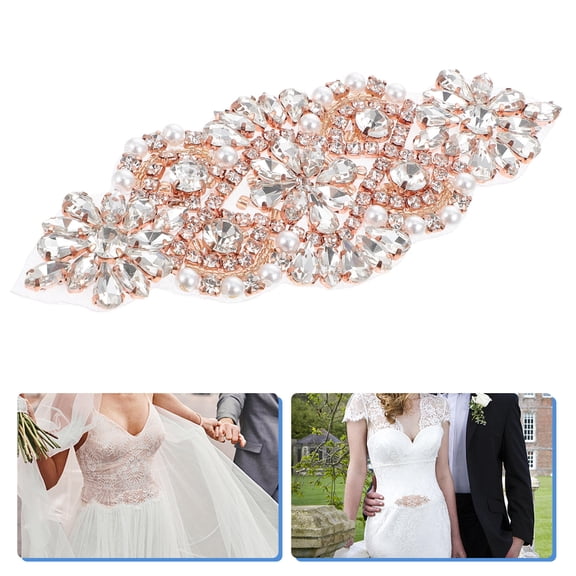 ETHZZLE Rose Plated Gold Bridal Belt Applique Rhinestone Patch for Sewing Elegant Dress Decoration