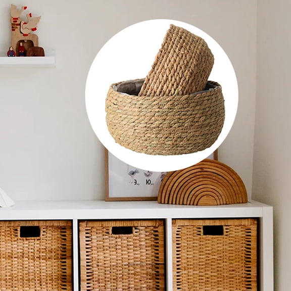 ETHZZLE 1Pc Natural Khaki Woven Straw Basket Round Plant Container Multipurpose Storage Organizer