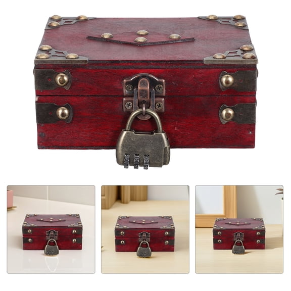 ETHZZLE Vintage Red Wooden Treasure Box with Combination Lock and Key for Home Storage