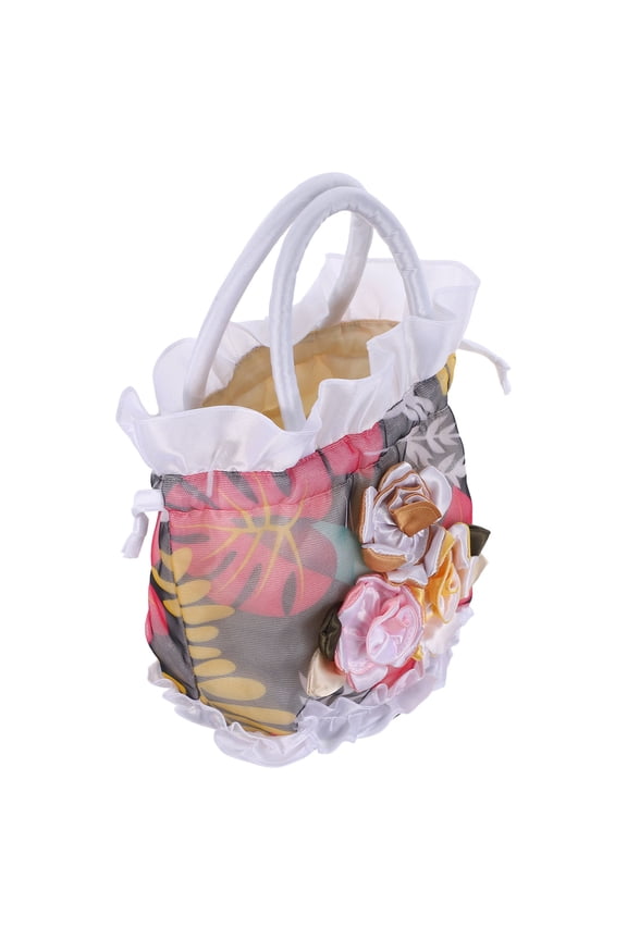 White Floral Embroidery Drawstring Bucket Bag for Wedding Party and Dress Events