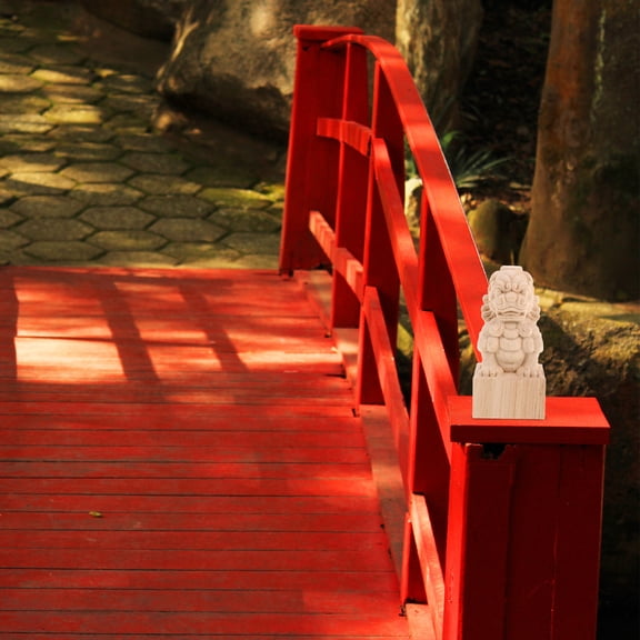 ETHZZLE Beige Solid Wood Decorative Bridge Column with Intricate Lion Carving for Garden