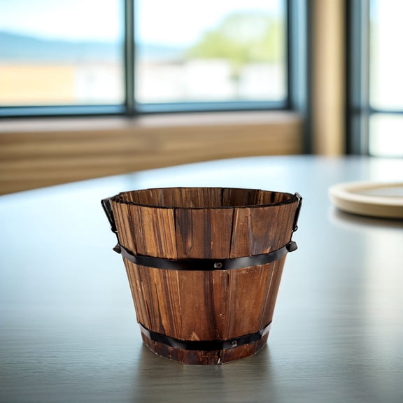 ETHZZLE Brown Wooden Round Barrel Flower Pot with Permeable Bottom for Indoor Outdoor Decor
