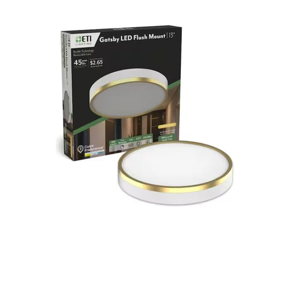 ETI 13 Gatsby Flush Mount White Finish with Gold Trim LED Ceiling Flush Mount, 1800 Lumen, 3CCT Color Preference, 120V, C01173402A
