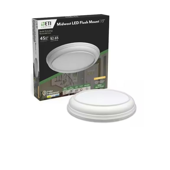 ETI 13 in. Midwest Classic White Round LED Flush Mount Ceiling Light, 1800 Lumen, 3CCT Color Preference, Dimmable, 120-Volt, C01183401A