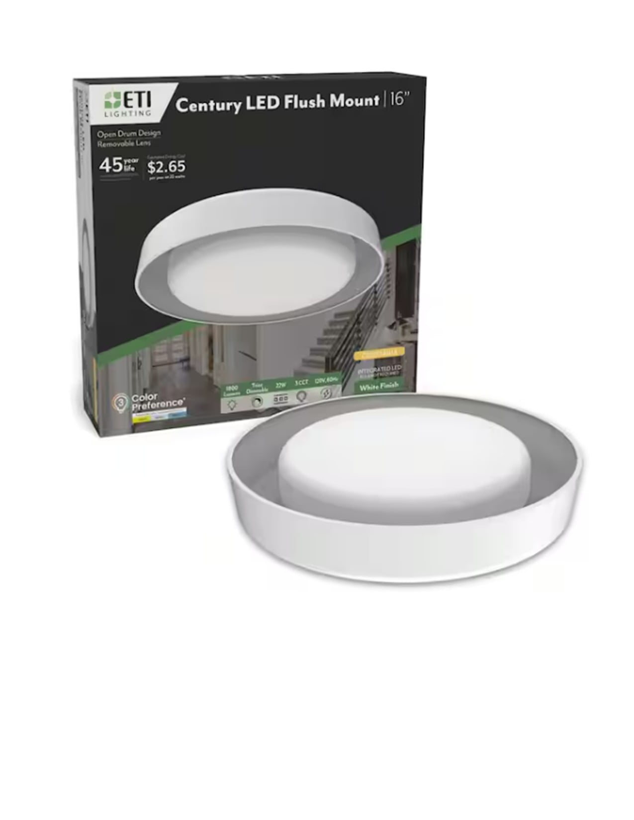 ETI 16 in. Century Dimmable LED Flush Mount Ceiling Light with White Drum Shade, 1800 Lumen, 3CCT Color Preference, 120-Volt, C01172401A