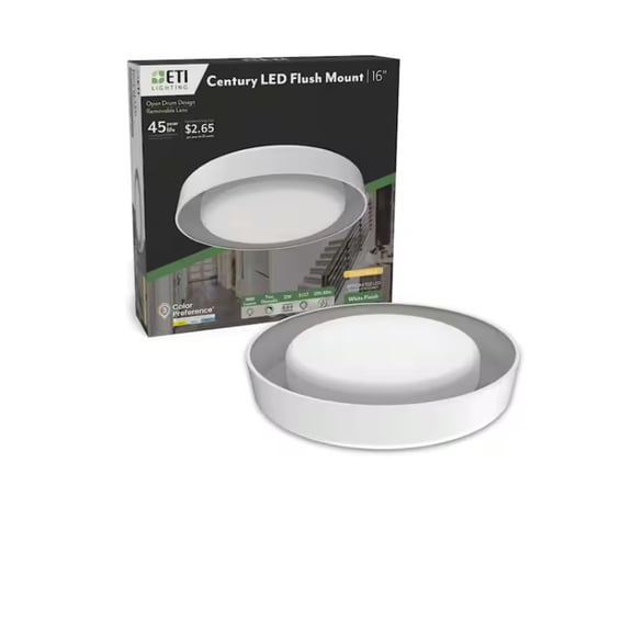 ETI 16 in. Century Dimmable LED Flush Mount Ceiling Light with White Drum Shade, 1800 Lumen, 3CCT Color Preference, 120-Volt, C01172401A