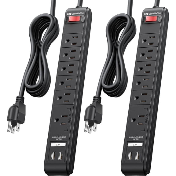 ETL Listed] 2-Pack 6-Outlet Sur Protector Power Strip with USB Ports - 8ft, Long Extension Cord, Sur Protector with USB Ports, Black